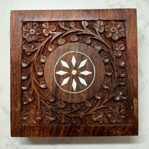 Indian hand-carved wooden jewelry box 4” x 4” trinket box decor